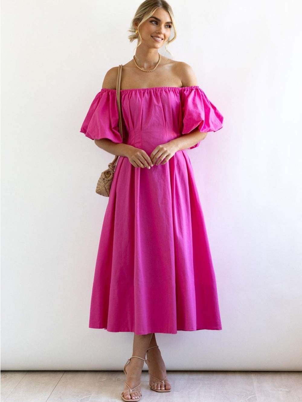 Off-Shoulder Fuchsia Midi Dress